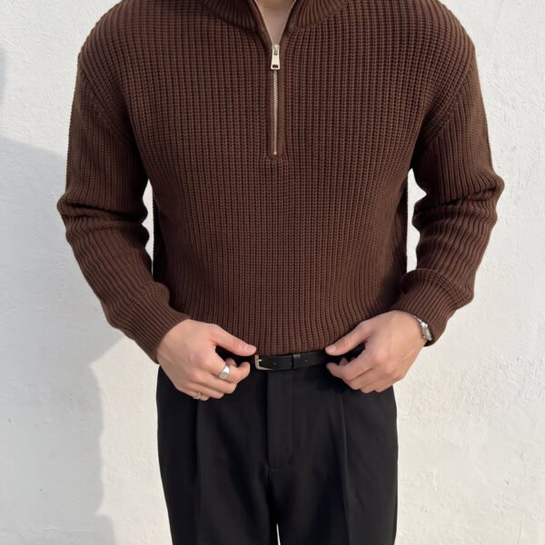 Yarım Fermuar Örme Sweat Kahverengi